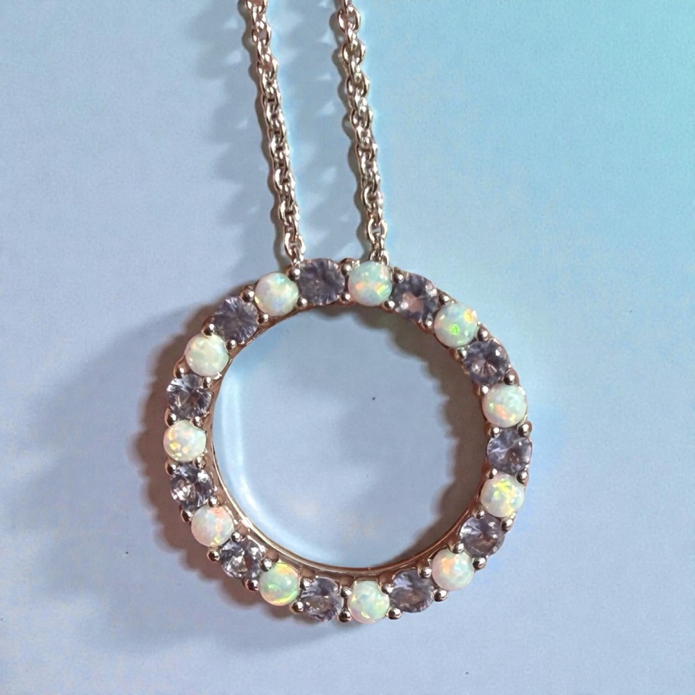 Created Opal Natural Amethyst Circle Pendant Necklace 18 inches Sterling Silver - Picture 7 of 8